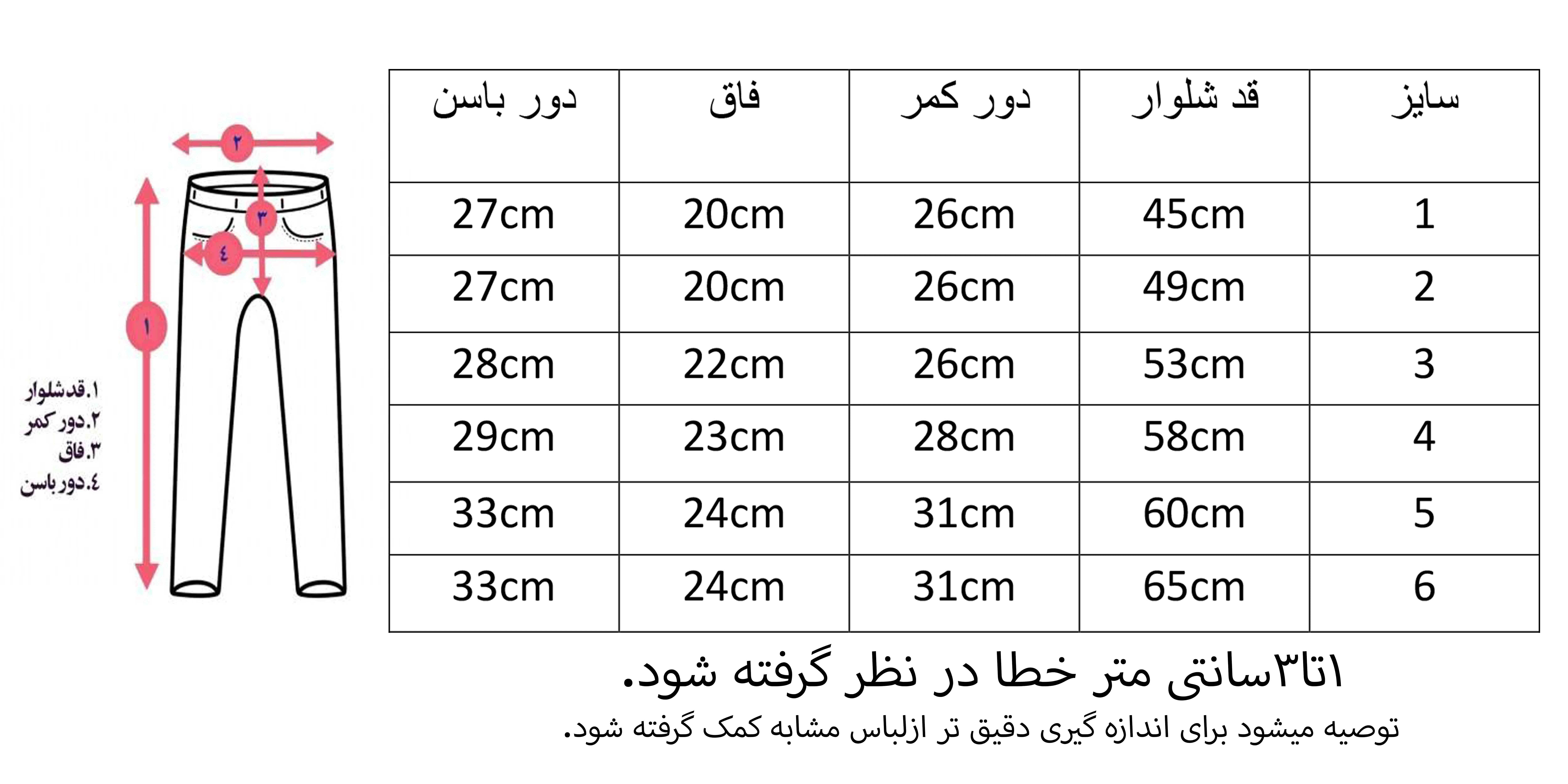 سایزبندی شلوار نقلی بچگانه